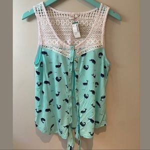 Whale Turquoise Sleeveless Button-Up